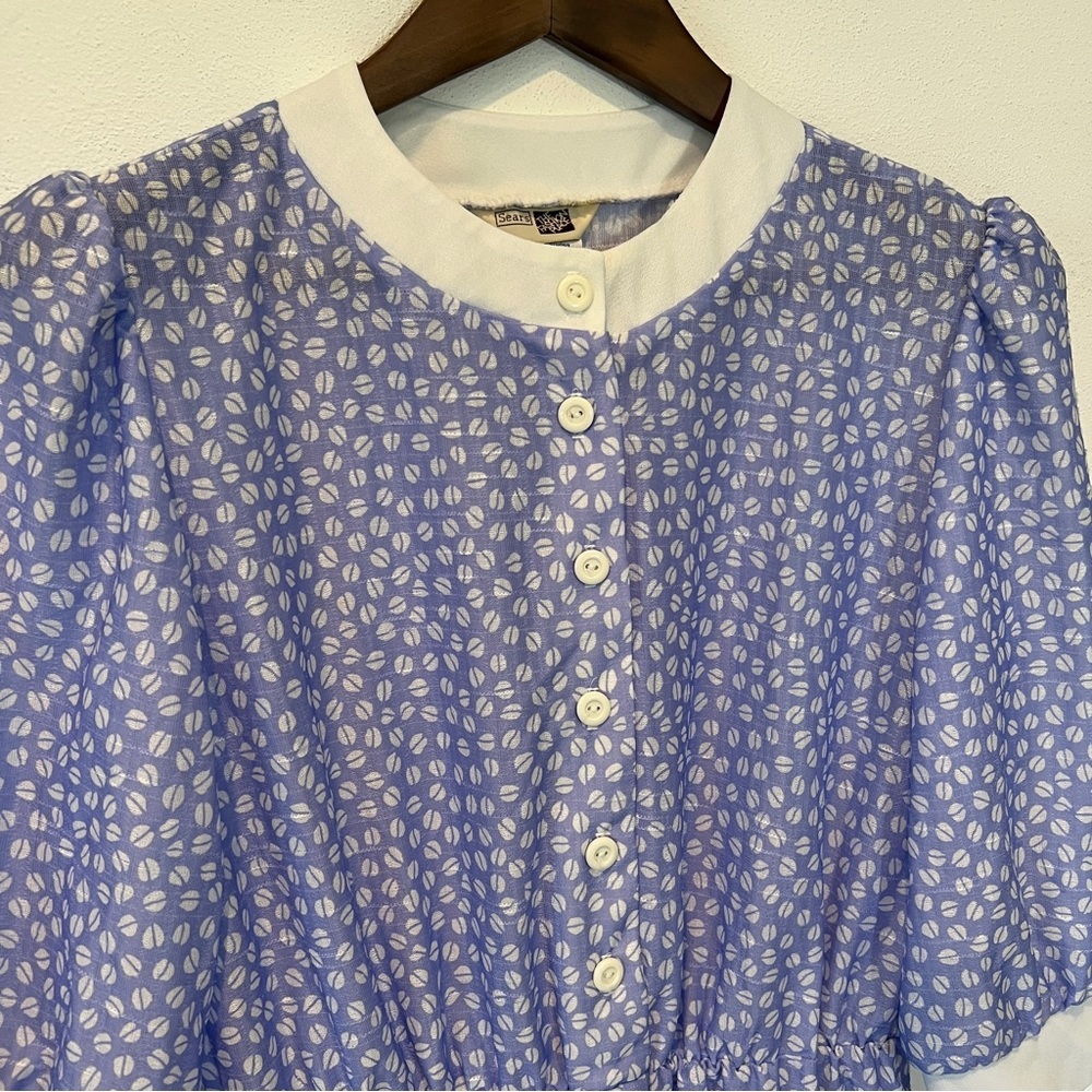 Vintage The Fashion Place Blue and White Coffee Bean Half Button Up Midi Dress - Picture 4 of 12